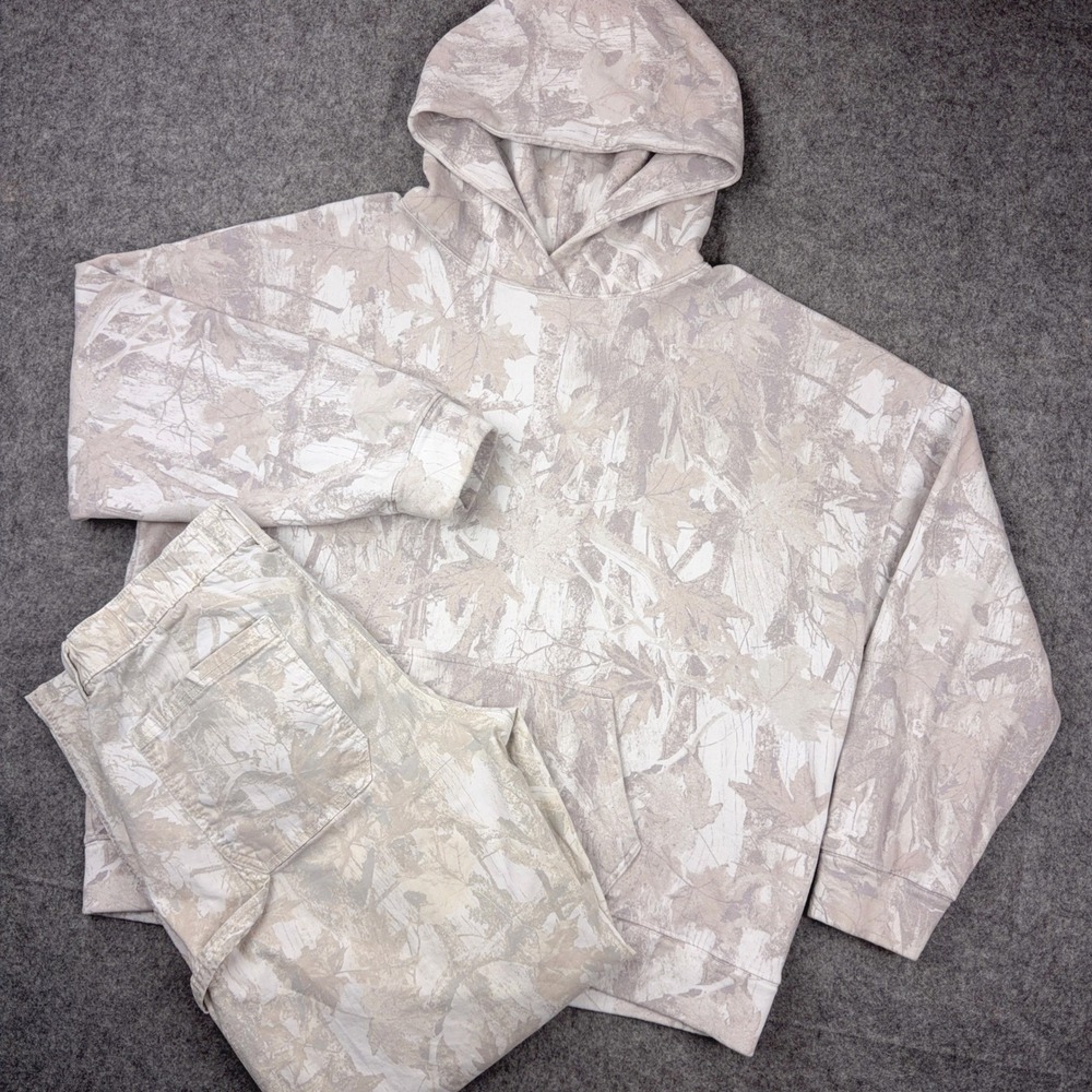Hollister Outfit Set Womens L W30 Beige Camo Hoodie Low-Rise Baggy Pants Y2K